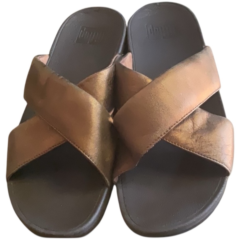 Fitflop Sandal Lulu Cross Slides Criss Cross Size 9 Gold Comfort Slide